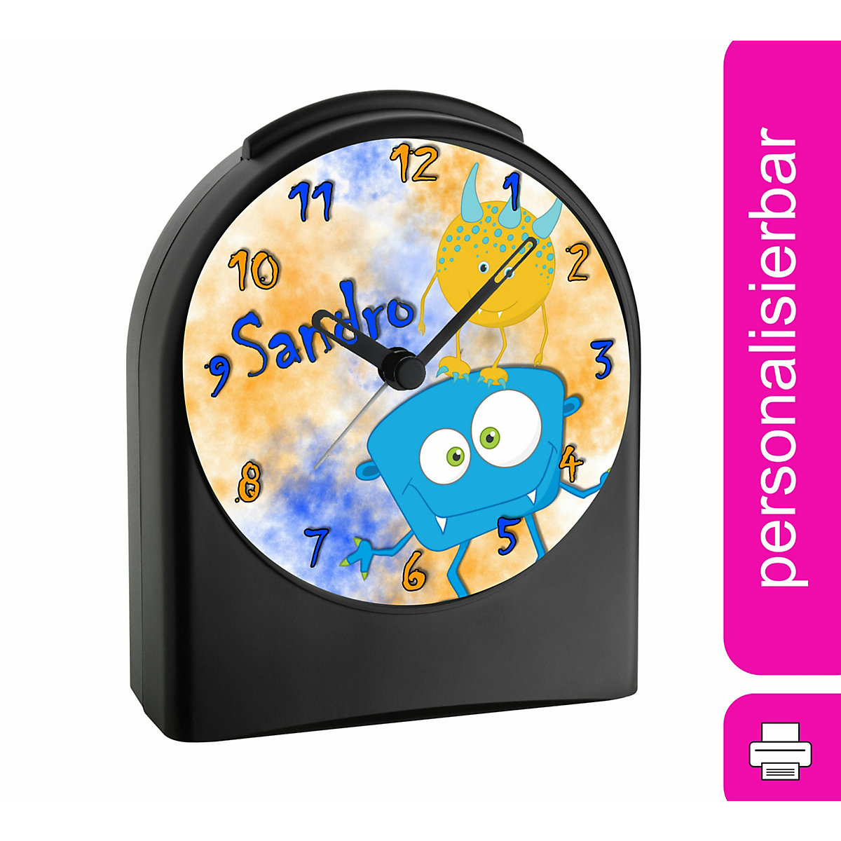 Kinder Funkwecker personalisiert mit Namen Monster Atom-/Funkuhr, 12-Stunden-Anzeigeformat, Schlummerfunktion, Nachtlicht, Geräuschlos/Ohne Ticken