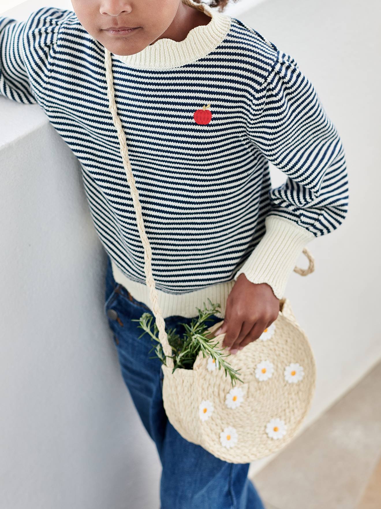 Sac rond fille marguerites façon paille sable