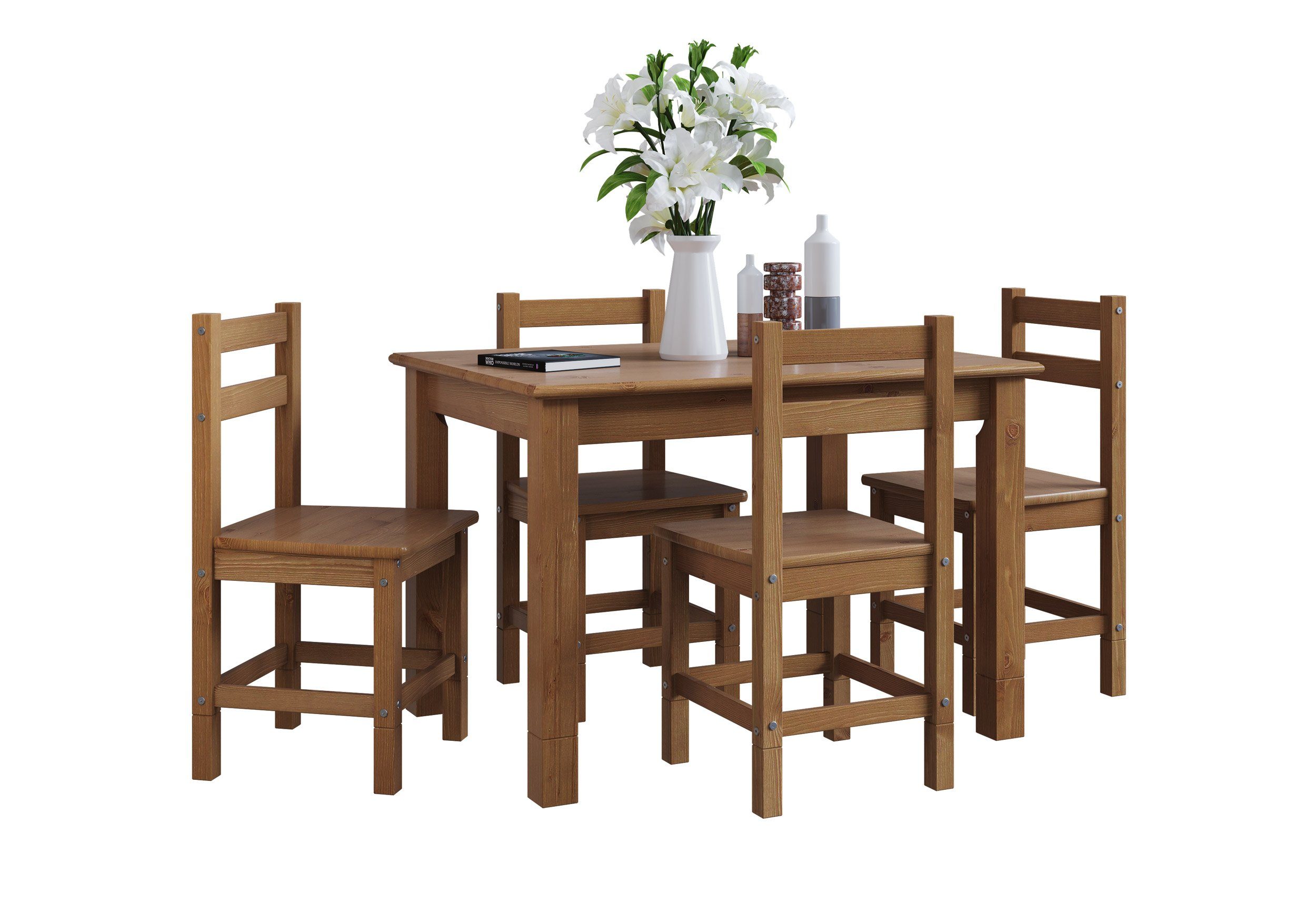 Home affaire Essgruppe Rauna, (Set, 5-tlg., 1 Tisch, 4 Stühle), Aus massiver Kiefer, 5-teiliges Set