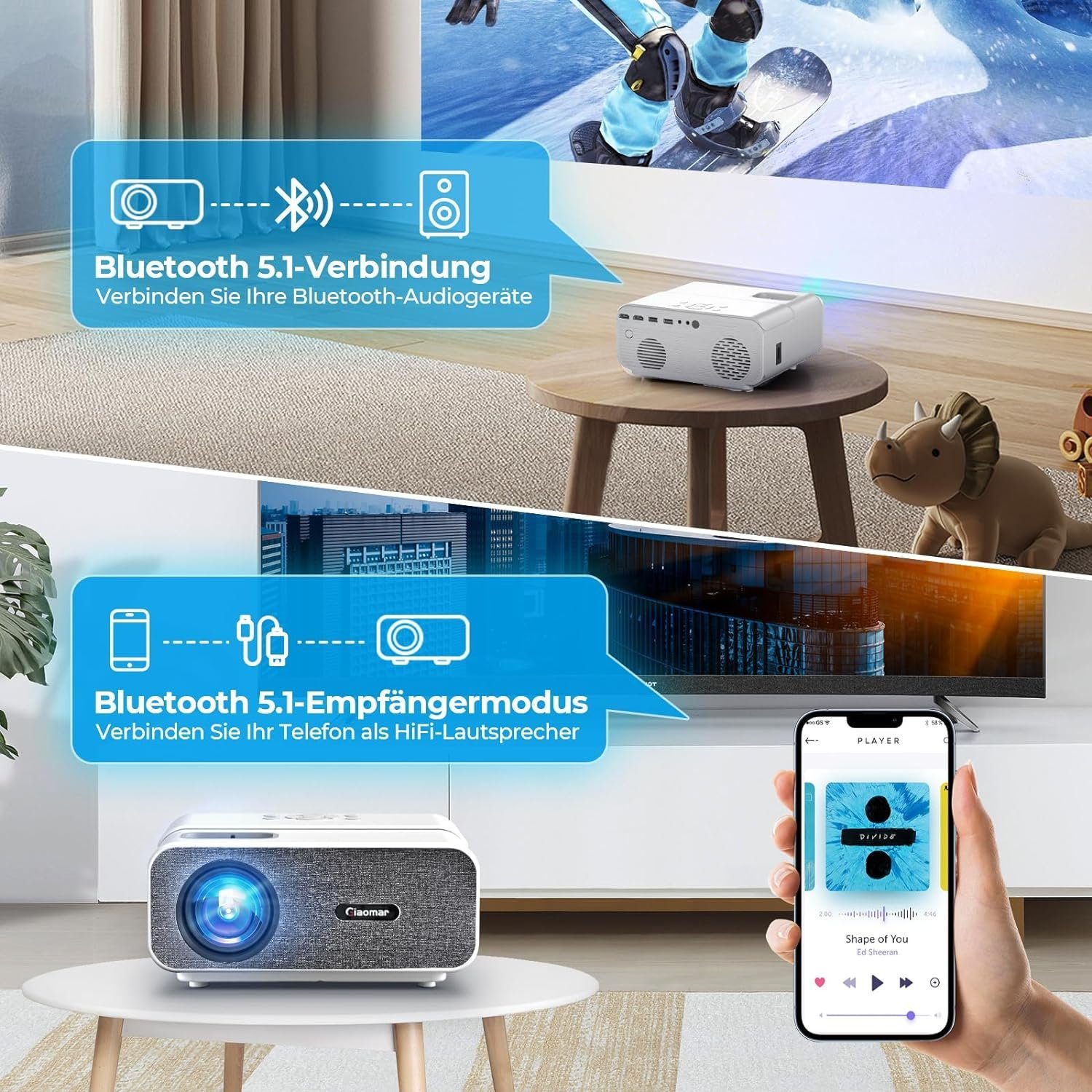 Vigpil Full HD 4K Heimkino Unterstützt, 5G WiFi Bluetooth Mini Portabler Projektor (15000 lm, 10000:1, 3840 x 2160 px, mit P2P-Direktverbindung Video Outdoor Kompatibel mit Smartphone/PS5)