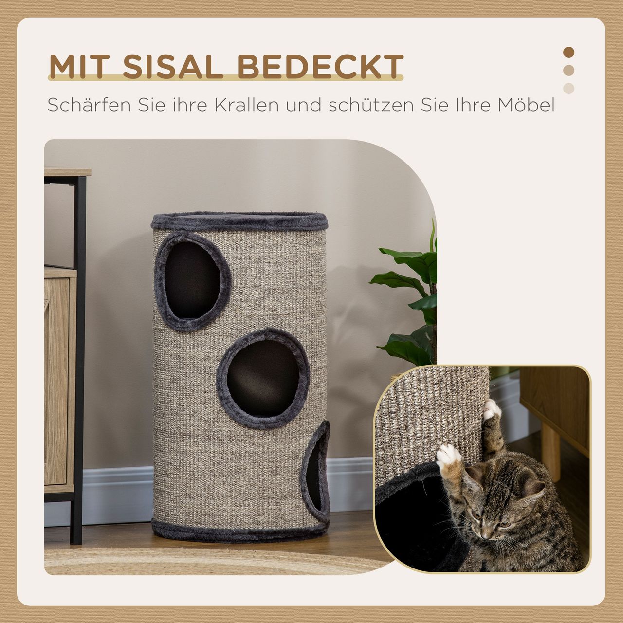 PawHut Kratztonne, Katzenkratzbaum mit 3 Höhlen, Spieltonne für Katzen, Grau