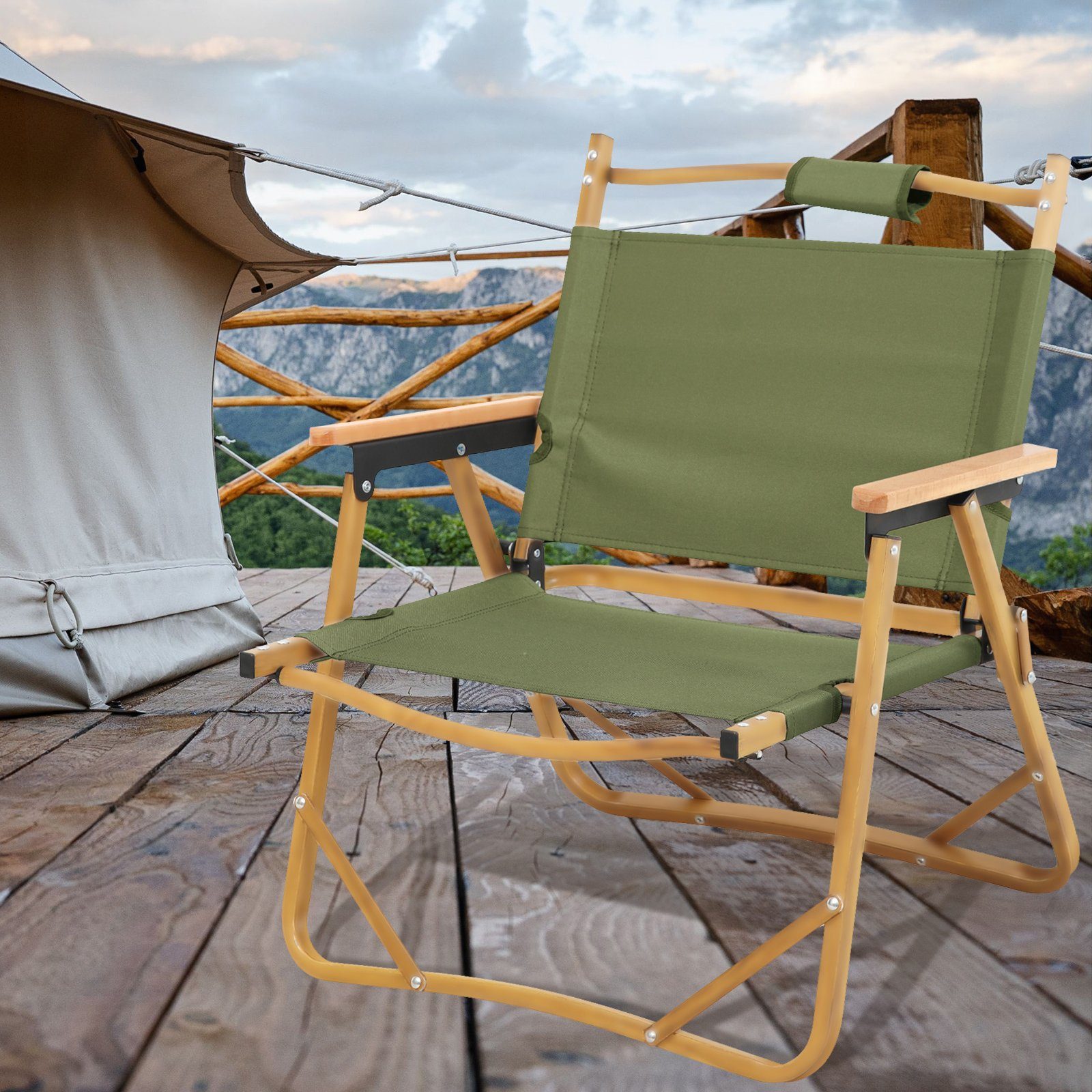 JAWINIO Campingstuhl, Outdoor, faltbar, mit Armlehnen, Faltstuhl, Dunkelgrün