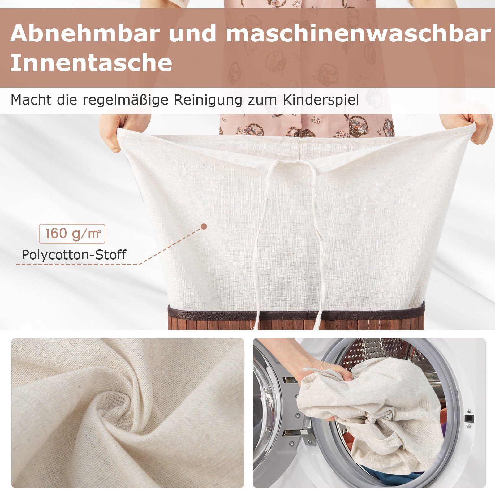 COSTWAY Wäschekorb, mit Deckel, 72L, Bambus, mit ausnehmbarer Innentasche