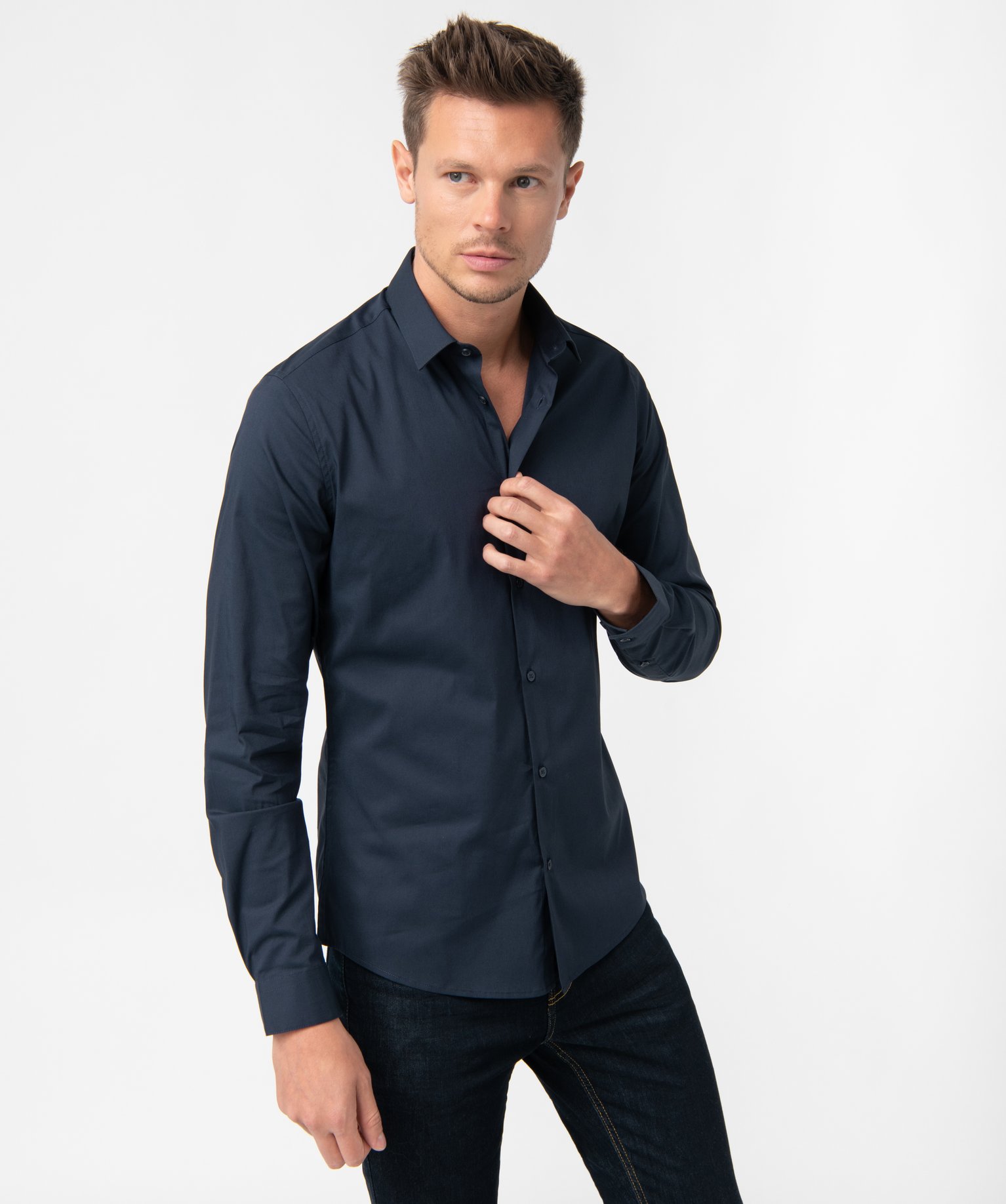 Chemise homme unie coupe slim en coton stretch bleu fonce | GEMO