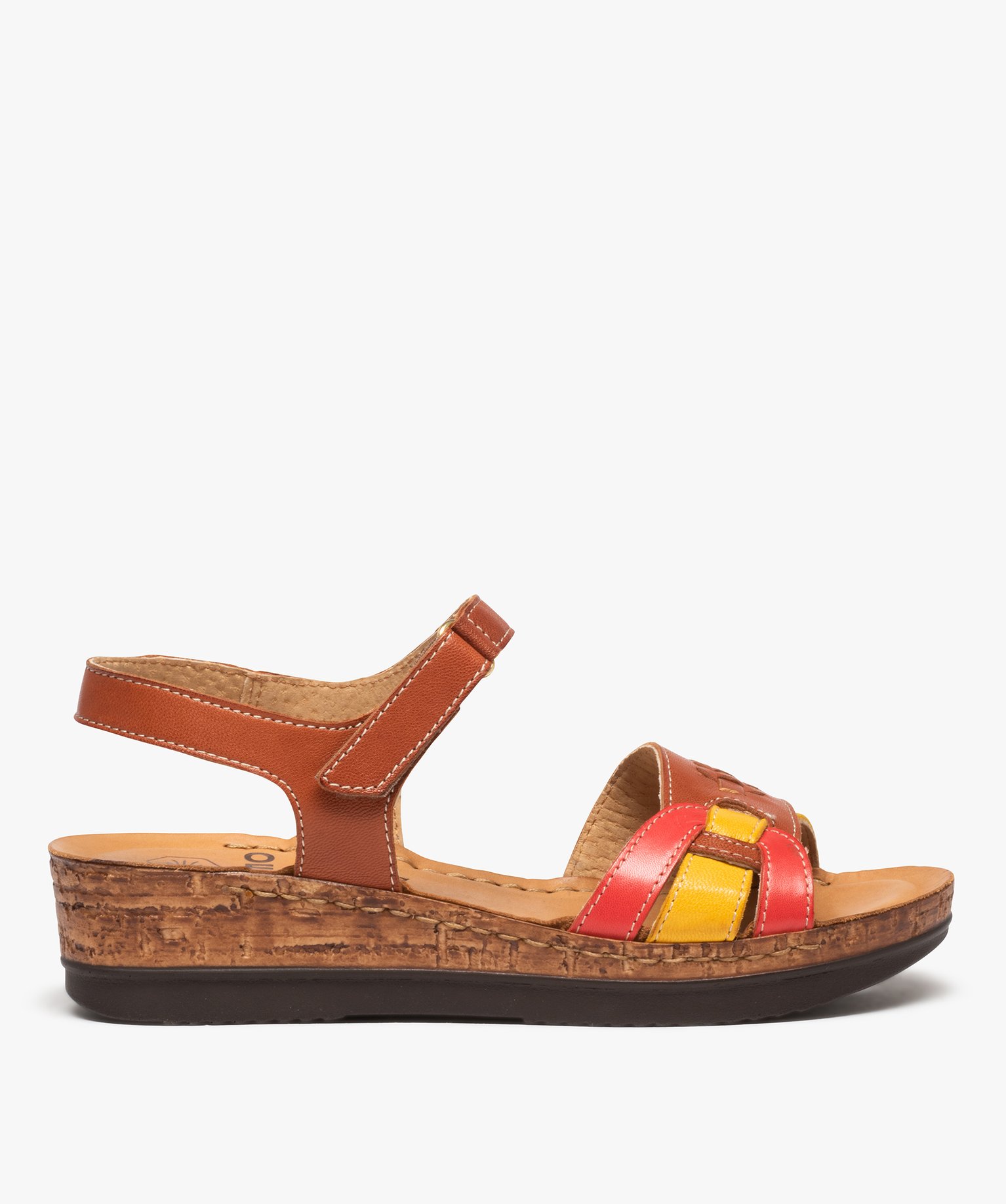 Sandales femme confort en cuir avec brides entrecroisées marron | GEMO