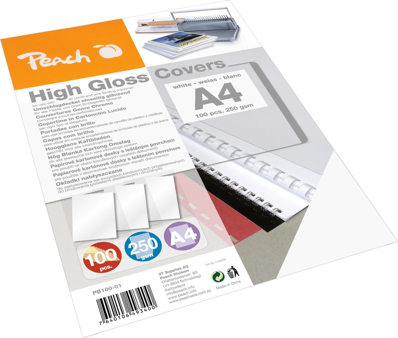 Peach Einbanddeckel hochglanz, 250g/m2, A4, weiss, 100 Blatt