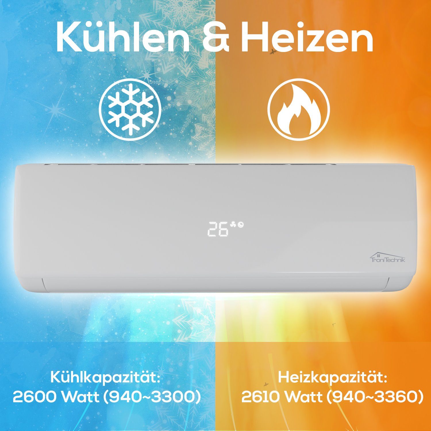 TroniTechnik Split-Klimagerät Dalvik II 9000 Inverter,inkl. Zubehör, App Steuerung, Vorbefüllt, Kühlung,Heizung,Ventilation (6-Stufen Ventilator),Entfeuchtung