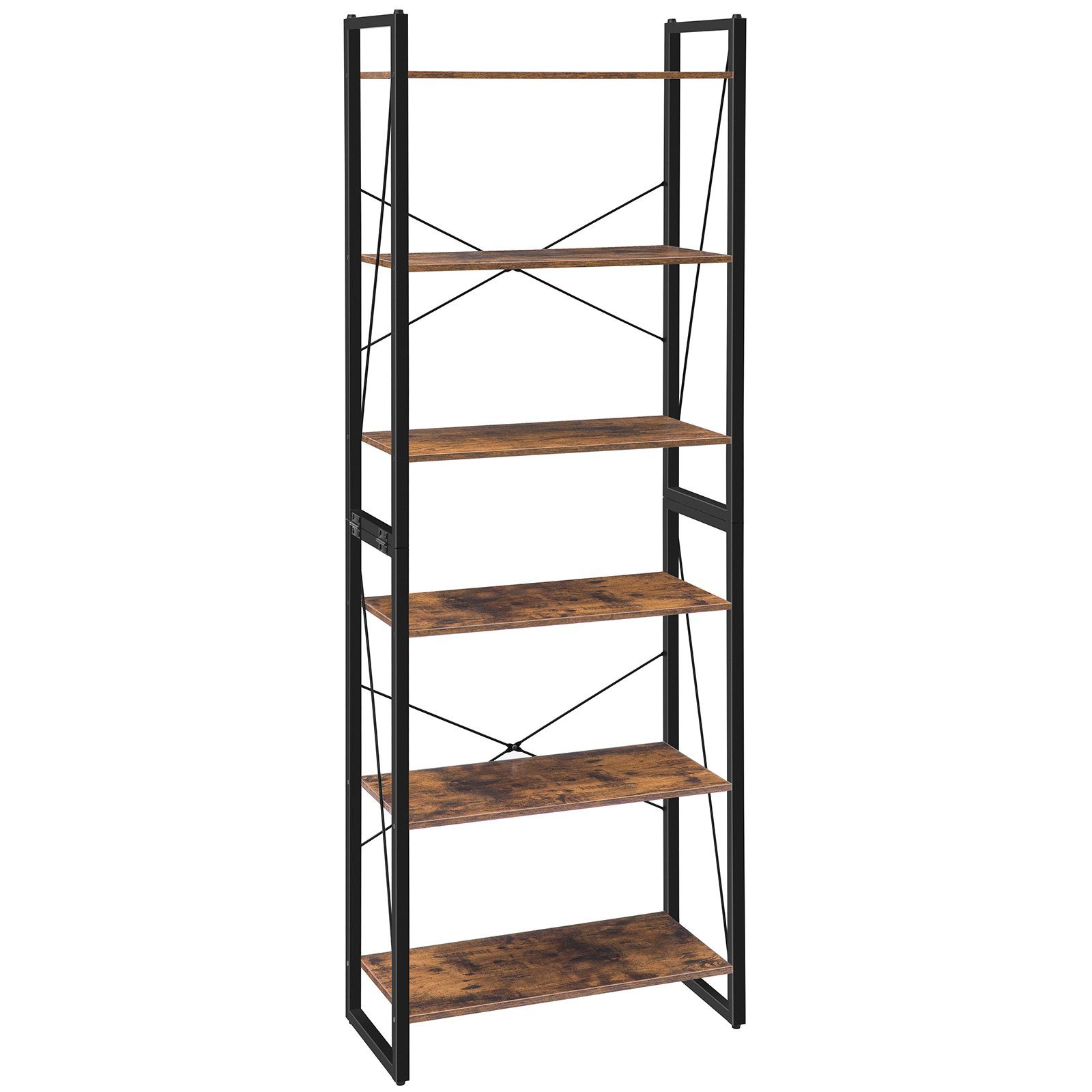 BERLINLODGE® Bücherregal Manhattan 6 Ebenen, Leiterregal Standregal vintage-braun industry-style, für Wohnzimmer, Büro, Schlafzimmer, Küche