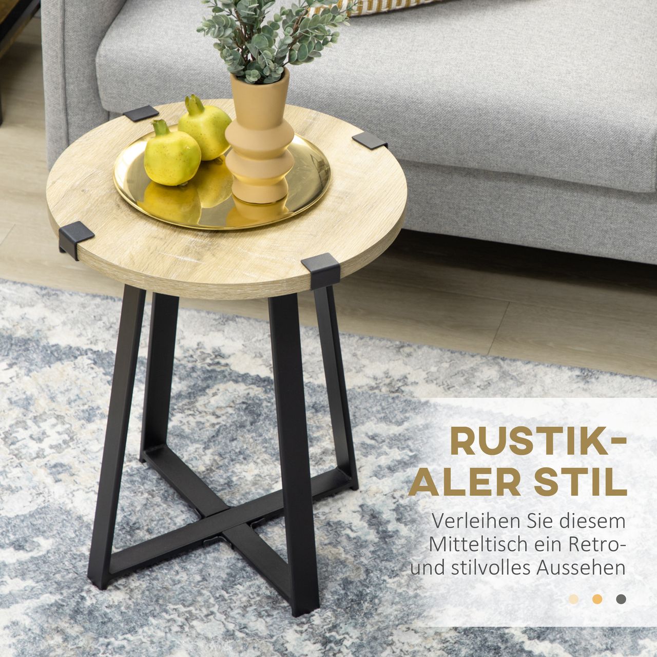 HOMCOM Couchtisch Runder Beistelltisch, Wohnzimmertisch mit Holzoptik Natur