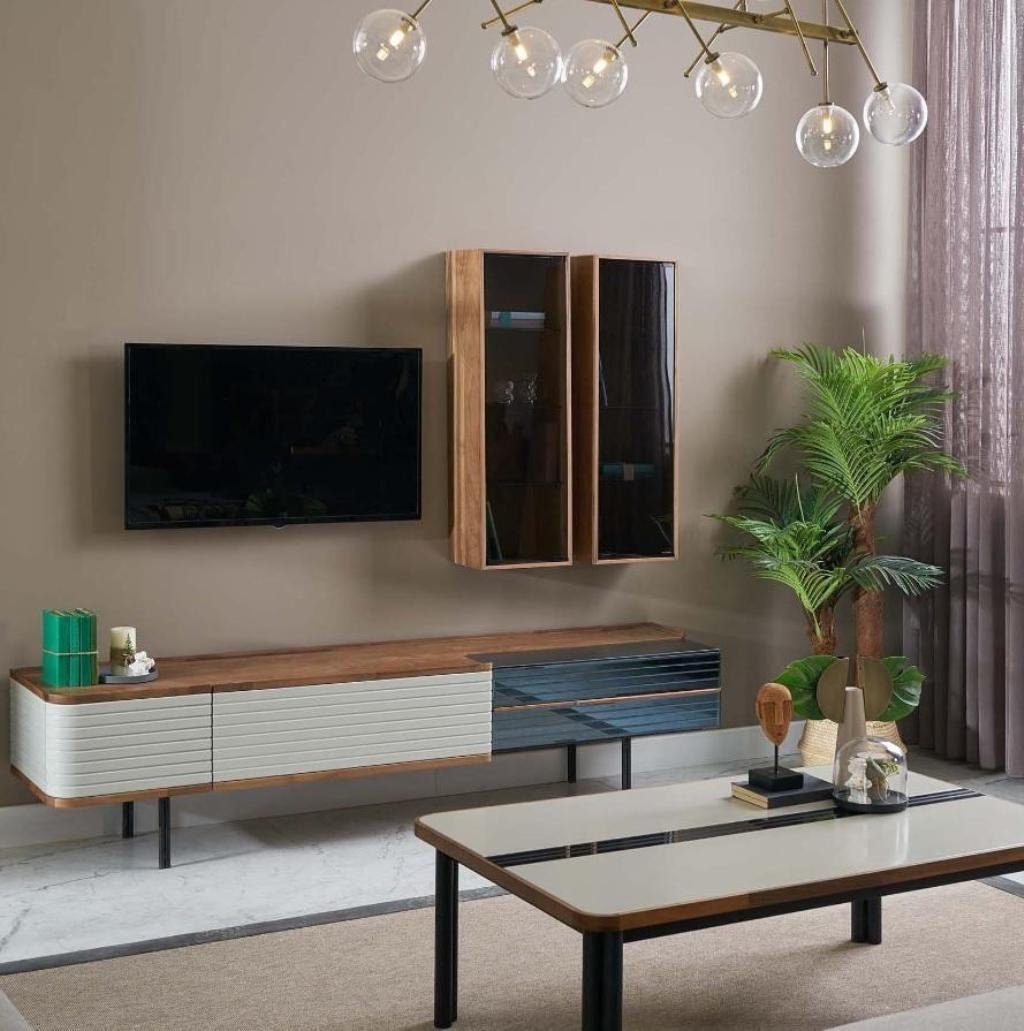 JVmoebel Wohnwand Wohnwand TV Ständer RTV Lowboard Sideboard Braun Holz Schrank Modern, (3-St., TV Ständer/2x Schränke), Made in Europa