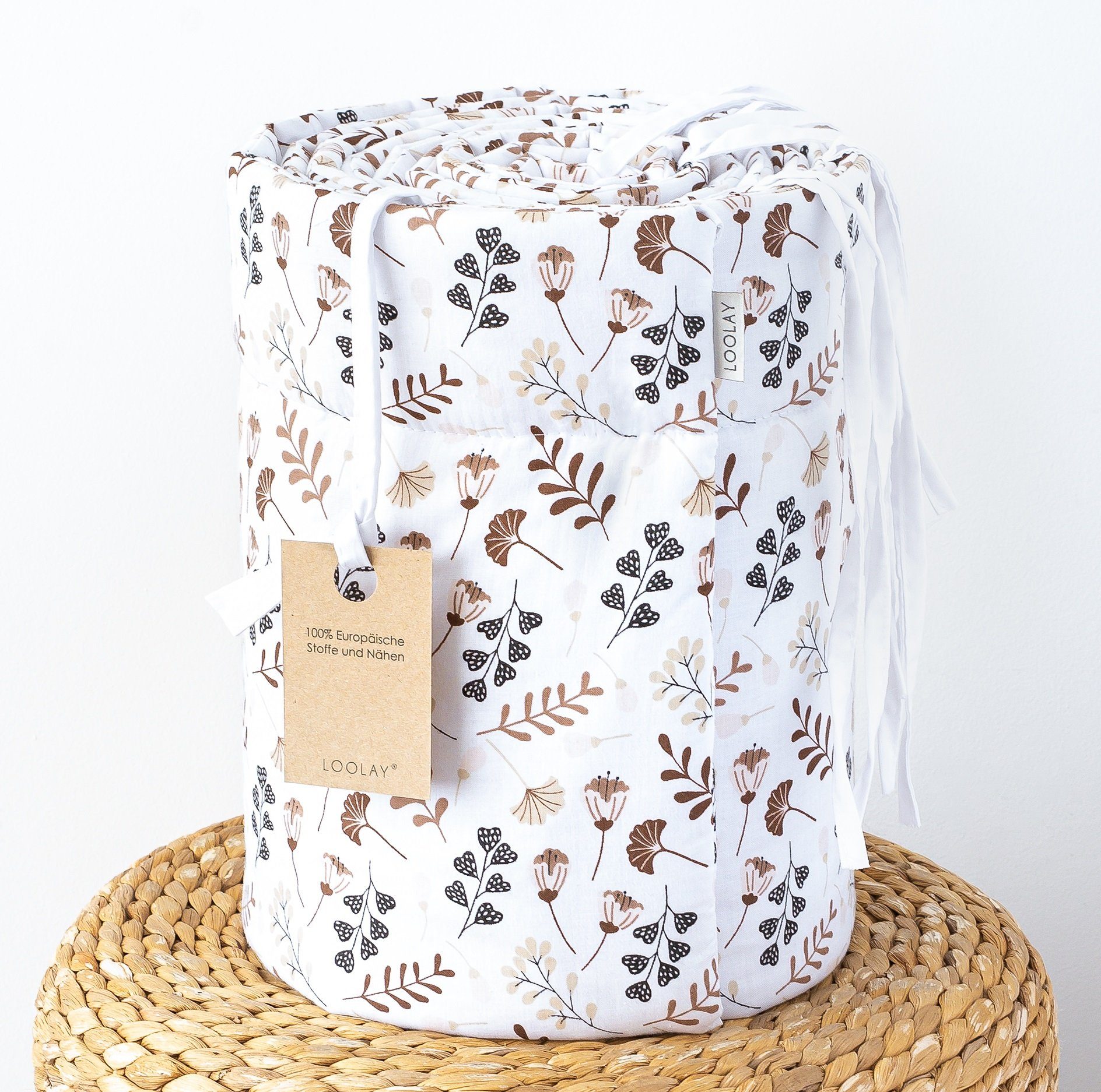 Loolay Bettnestchen PREMIERE! Blumenwiese BRAUN Bettumrandung 420, 360, 210, 180 x 30cm, (Babynestchen Bettsprossen Kopfschutz Baby Blumen Wiese BABYNEST, 100% Baumwolle Babybett Bettschutzgitter Umrandung), LOOLAY® - 100% Europäische Stoffe und Klei