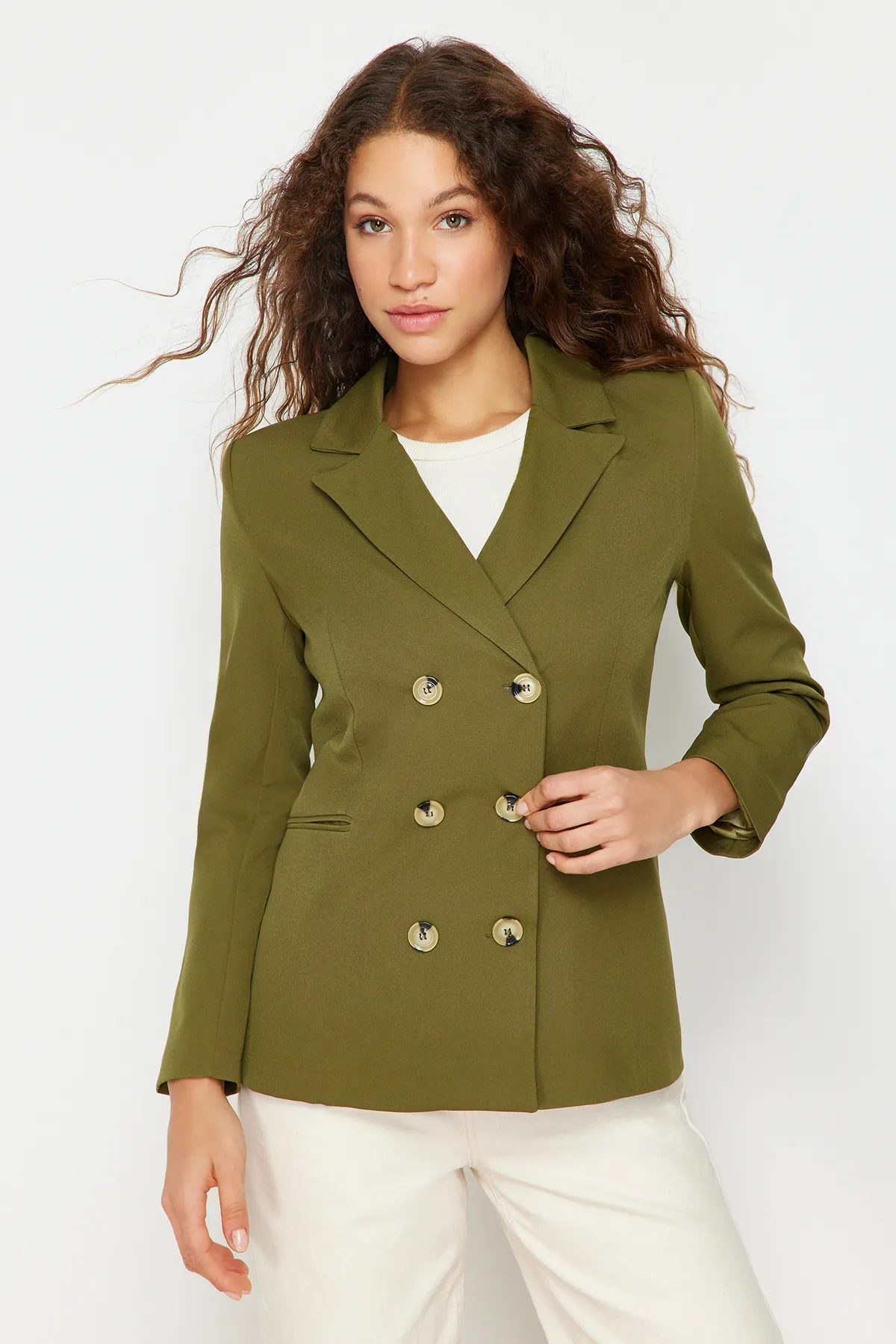 Trendyol Collection  Khakifarbene, gefütterte, zweireihige Blazerjacke aus Webstoff mit Knopfleiste TWOSS21CE0029