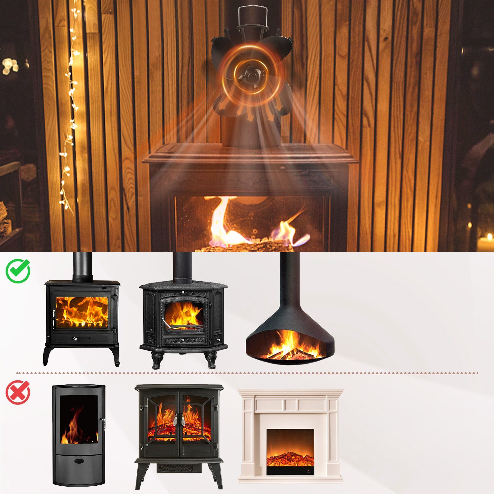 UISEBRT Kaminventilator Ofenventilator Ohne Strom für Ofenrohr, Leiser Kamin Ventilator
