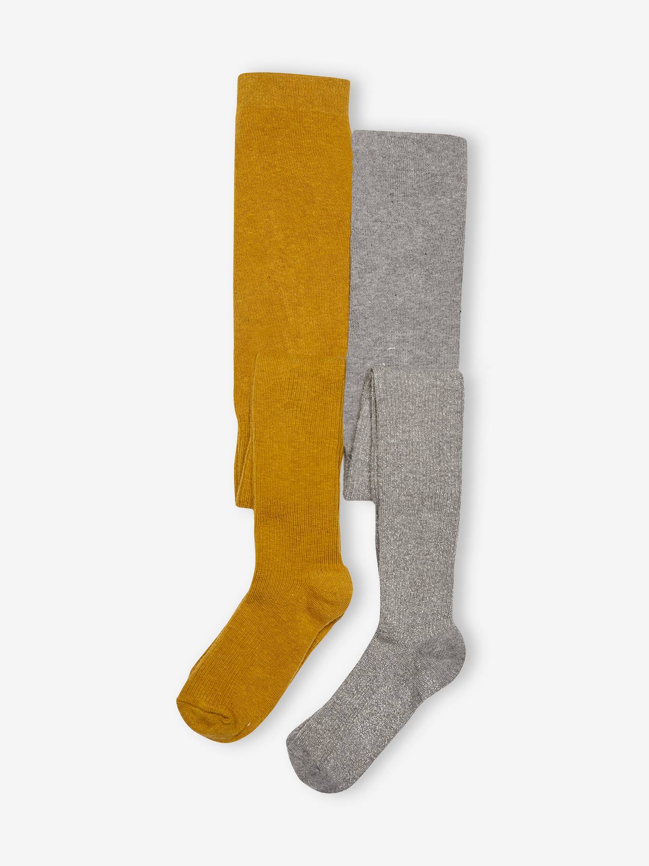 Lot de 2 paires de collants en maille côtelée et scintillante fille lot moutarde