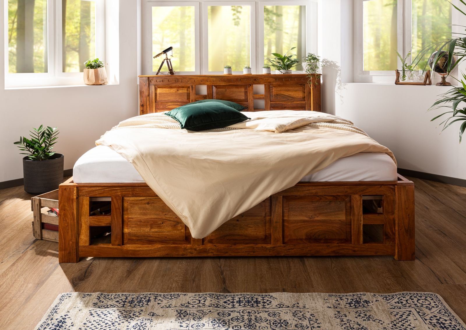 Massivmoebel24 Massivholzbett Bett Akazie 140x200x90 honig lackiert OXFORD #0251