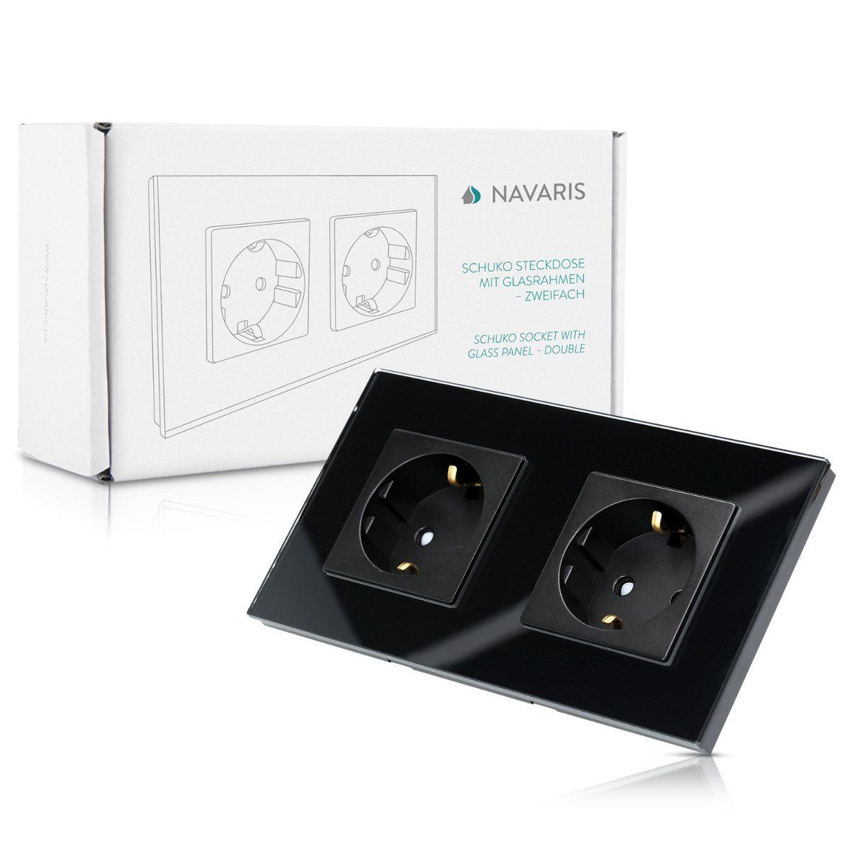 Navaris Glas Schuko Steckdose zweifach - mit Montagematerial - Doppelsteckdose Mehrfachsteckdose (Kabellänge 15,60 m)
