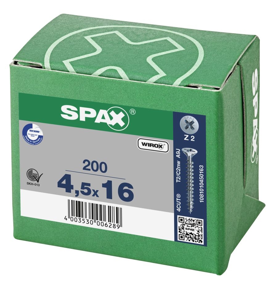 SPAX 1081010450163 Universalus varžtas 4,5 x 16 mm, pilnas sriegis, įleidžiama galvute, kryžminė galvutė Z2 - 200 vnt.
