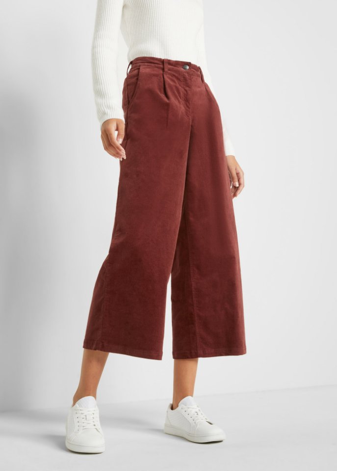 Weite Stretchcord-Culotte mit High-Waist-Bequembund, 7/8-Länge