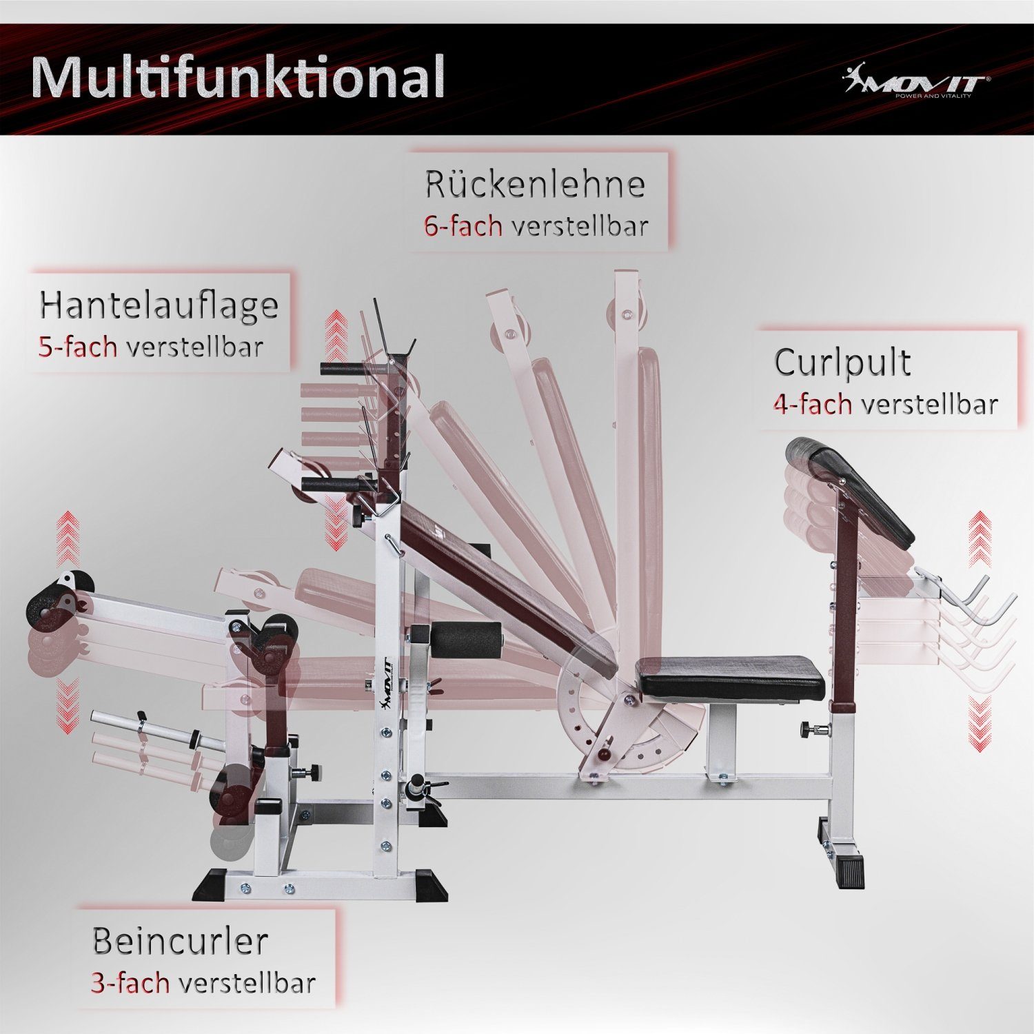 MOVIT Kraftstation Movit® Kraftstation PRO, Heim-Trainingsgerät, optional mit 60kg o. 115kg Hantelsets, Schwarz oder Weiß