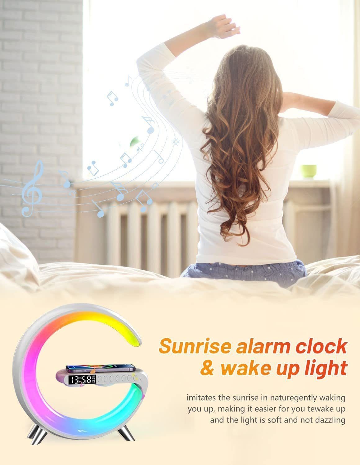 DOPWii Wecker Wake up Light mit Kabelloser Ladefunktion,Bluetooth Lautsprecher,15W