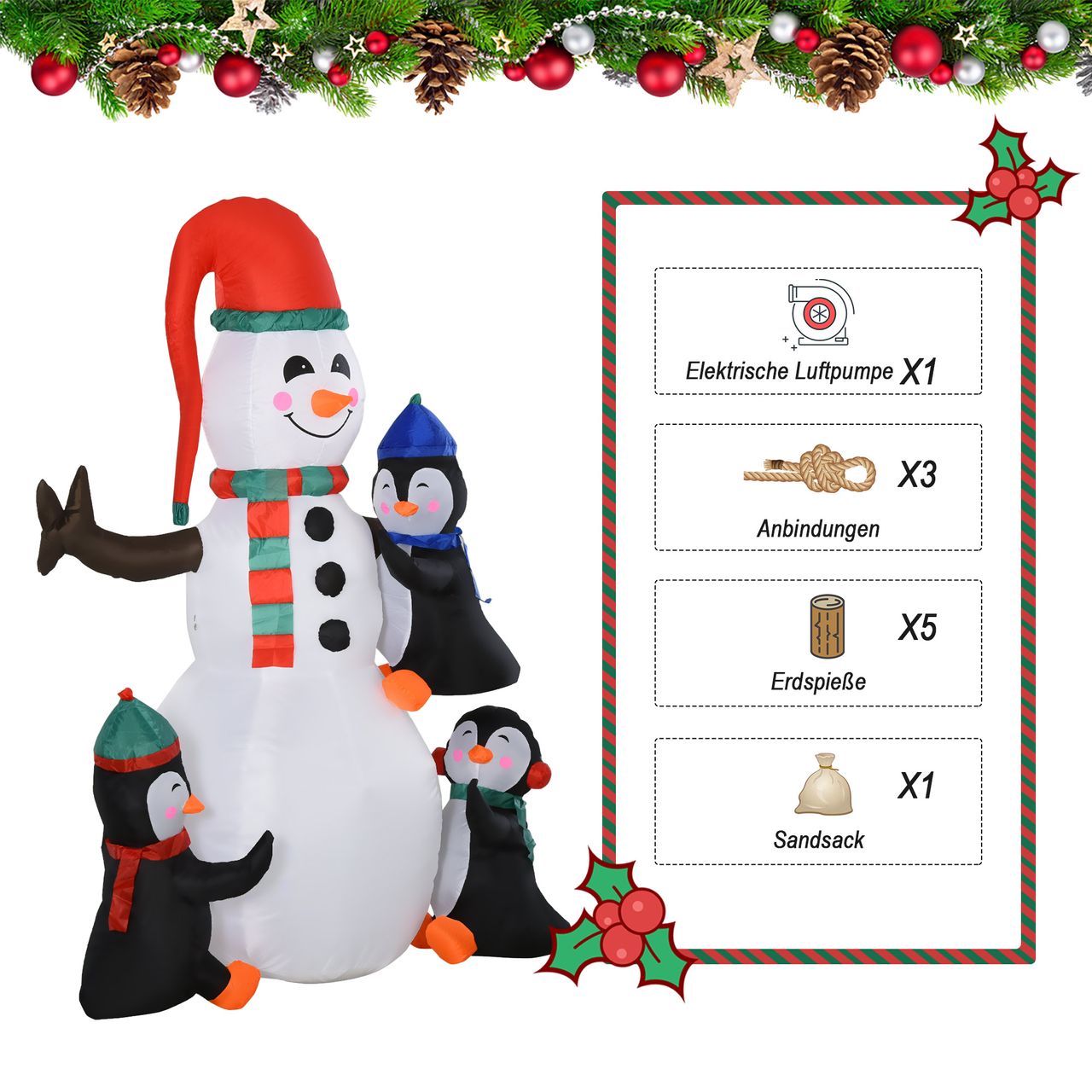 HOMCOM Weihnachten aufblasbarer Schneemann mit 3 Pinguinen LEDs Polyester 140 x 70 x 180 cm