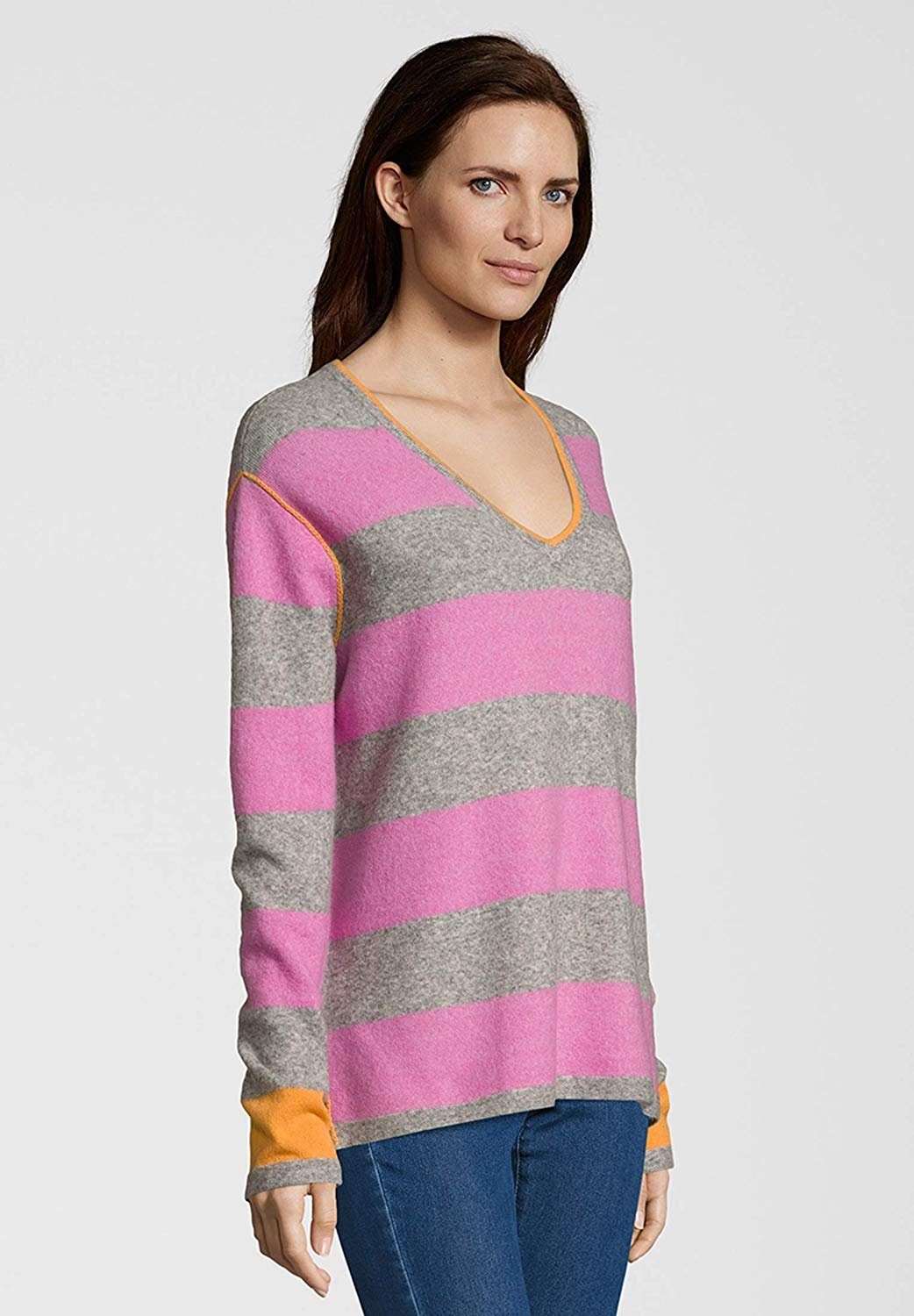 Grace Fashion Wollpullover Blockstreifen Rose Pink Coole Seitenschlitze am Saum