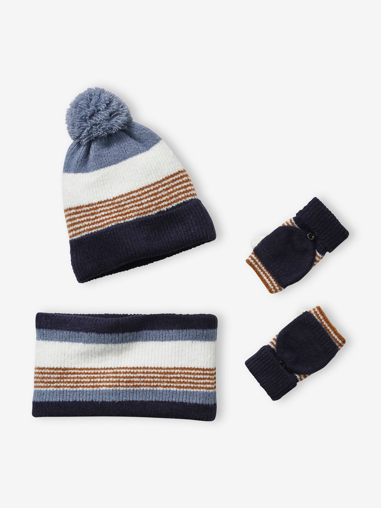 Ensemble garçon bonnet + snood + gants rayés marine