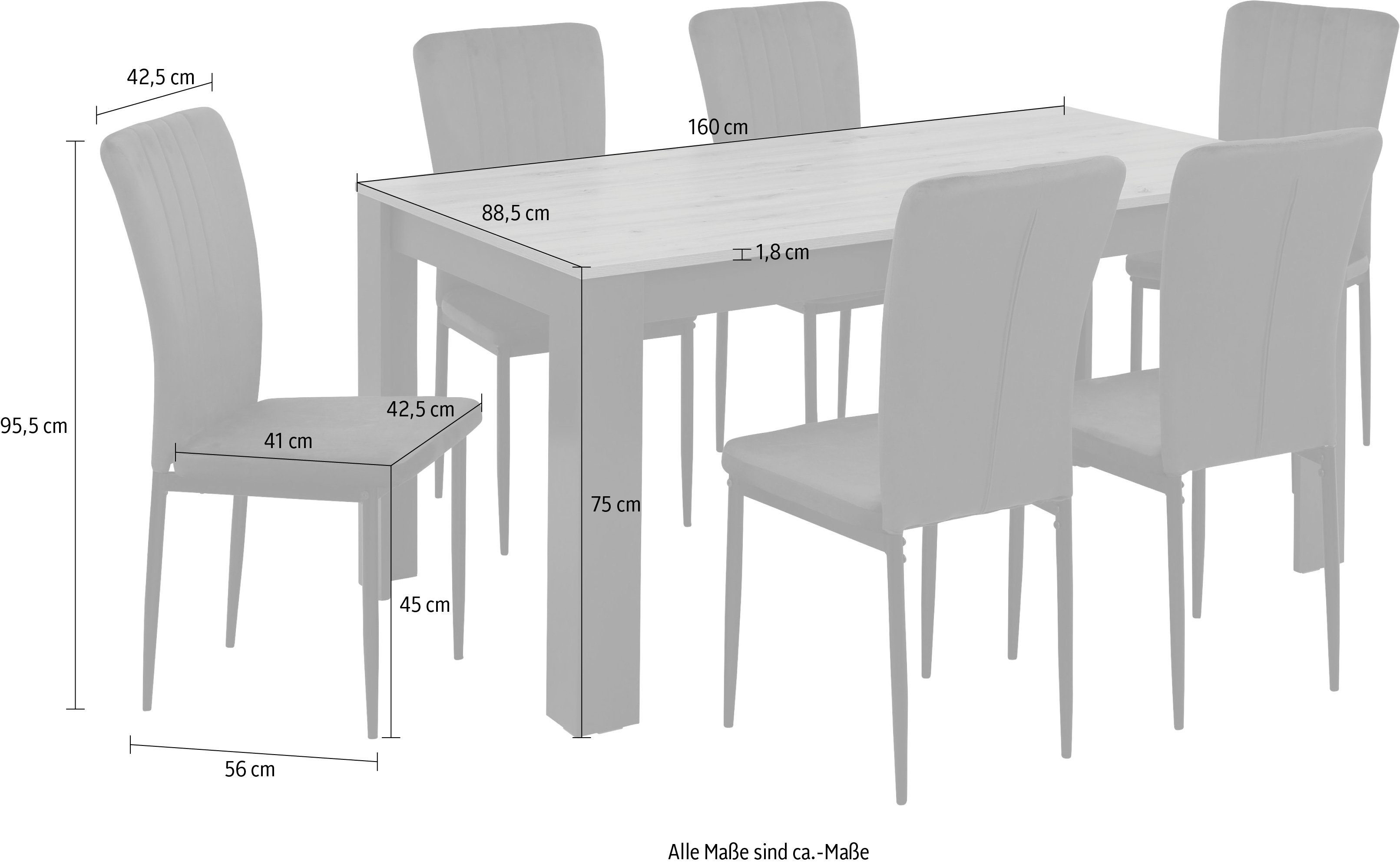 Home affaire Essgruppe Bergamo, (Set, 7-tlg), 7-teilige Tischgruppe mit modernem Esszimmerstuhl und Esstisch