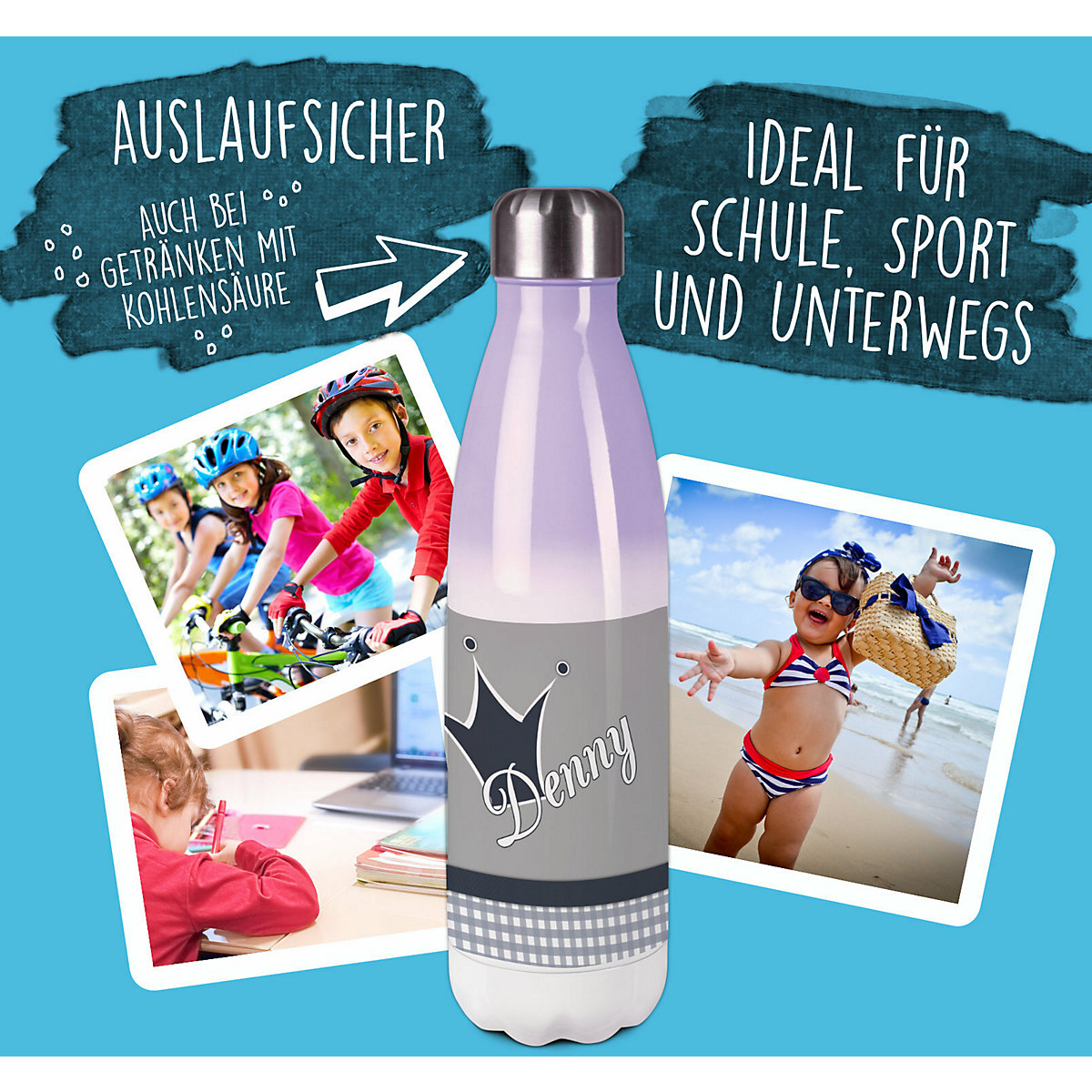Edelstahl Kinder Thermoflasche / Trinkflasche bunt Krone Farbe grau Spülmaschinenfest, Auslaufsicher, Bruchfest, Doppelwandig, Für Heißgetränke geeignet, Mit Deckel, Isoliert