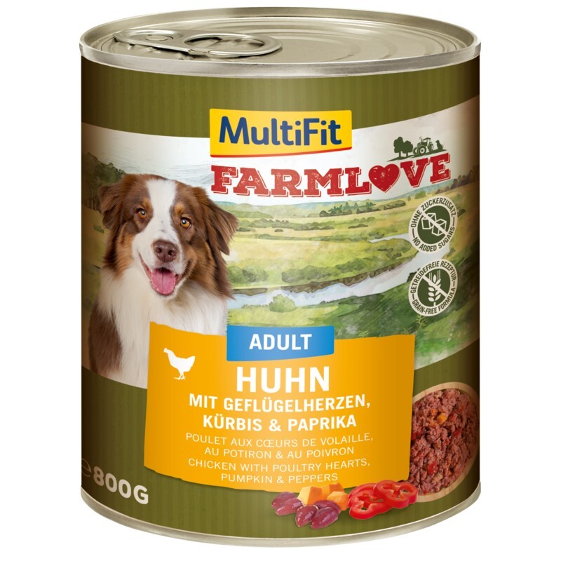 MultiFit Hundenassfutter MultiFit Farmlove Adult Huhn, Geflügelherzen 6x800 g