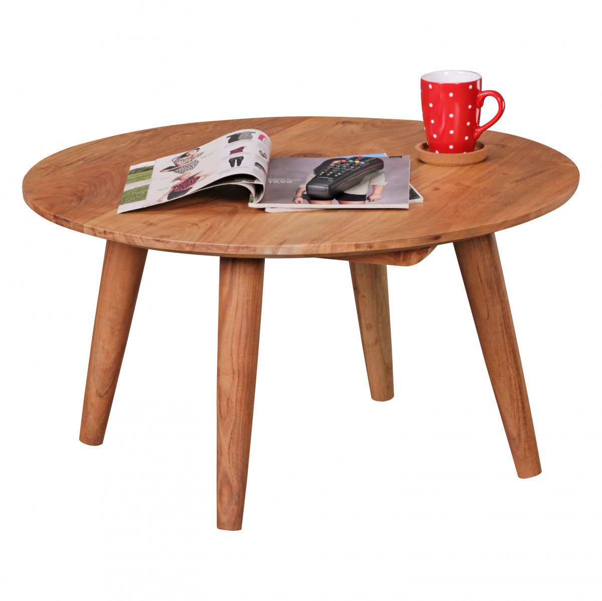 Wohnling Couchtisch Massivholz Akazie | Wohnzimmertisch rund Ø75 x 40 cm | Beistelltisch mit 4 Beinen im Landhausstil