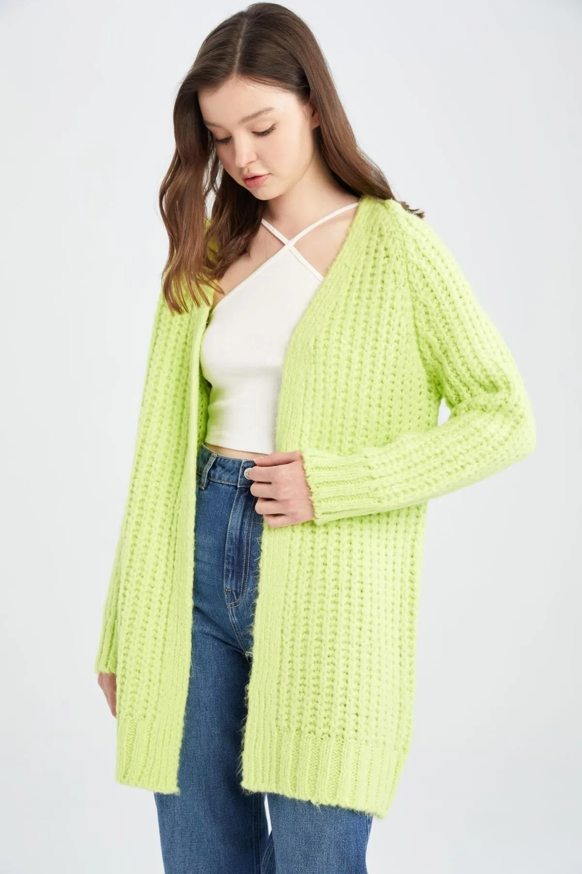 DeFacto  Long Fit V-Ausschnitt Weich strukturierte lange Basic-Strickjacke U6718az22au