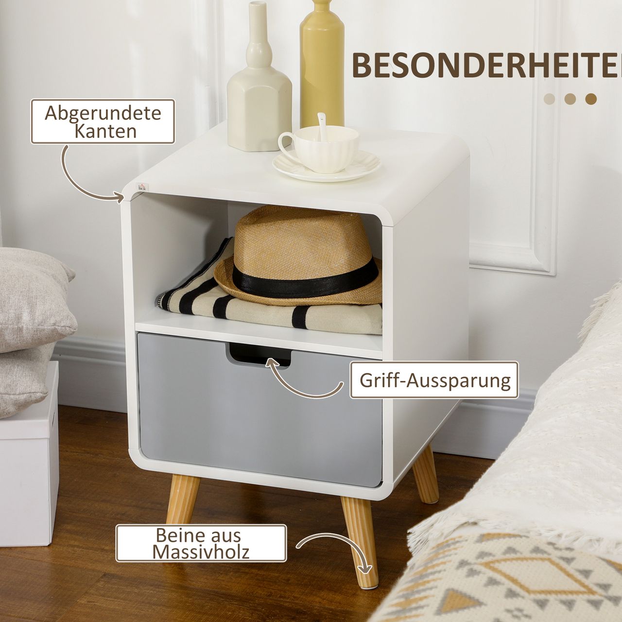 HOMCOM Nachttisch, Nachtschrank mit Schublade, Nachtkommode mit Offenem Fach