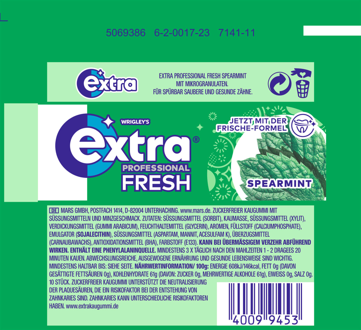 Kaugummi Extra Professional Fresh, Spearmint, zuckerfrei, 10 St