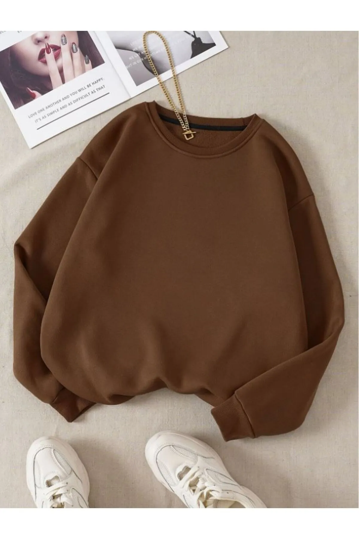 Know  Braunes schlichtes Damen-Sweatshirt mit Rundhalsausschnitt