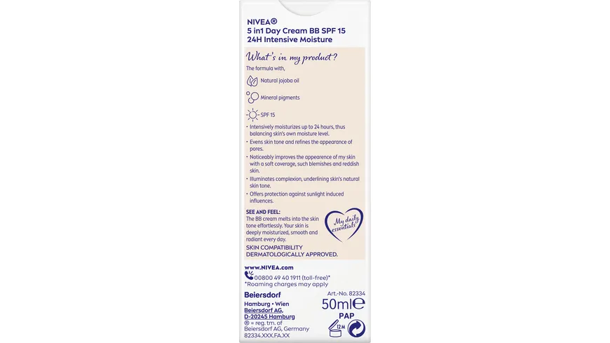 NIVEA 5in1 BB Tagespflege 24h Feuchtigkeit Mittlerer bis Dunkler Hauttyp LSF 15 50 ml