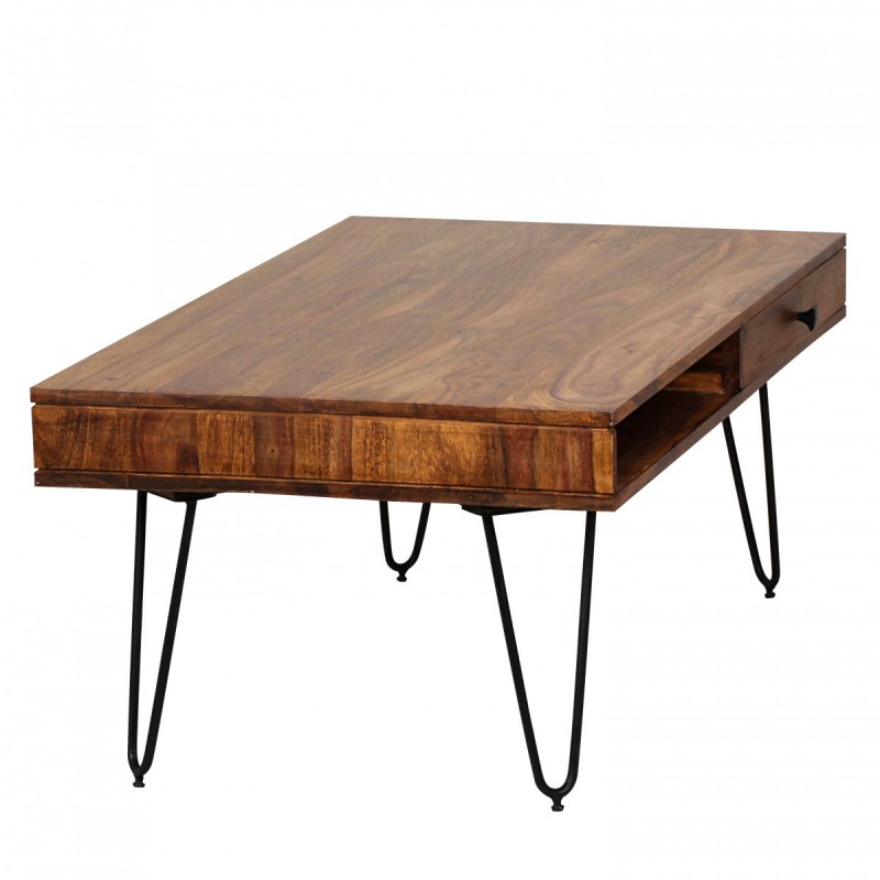 Wohnling Massivholz Sheesham Couchtisch 120 x 60 x 40 CM mit 2 Schubläden