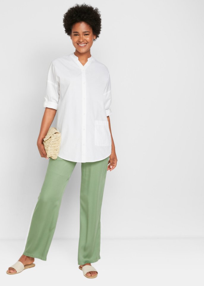 Popeline Bluse mit Tasche mit Turn-Up Ärmel