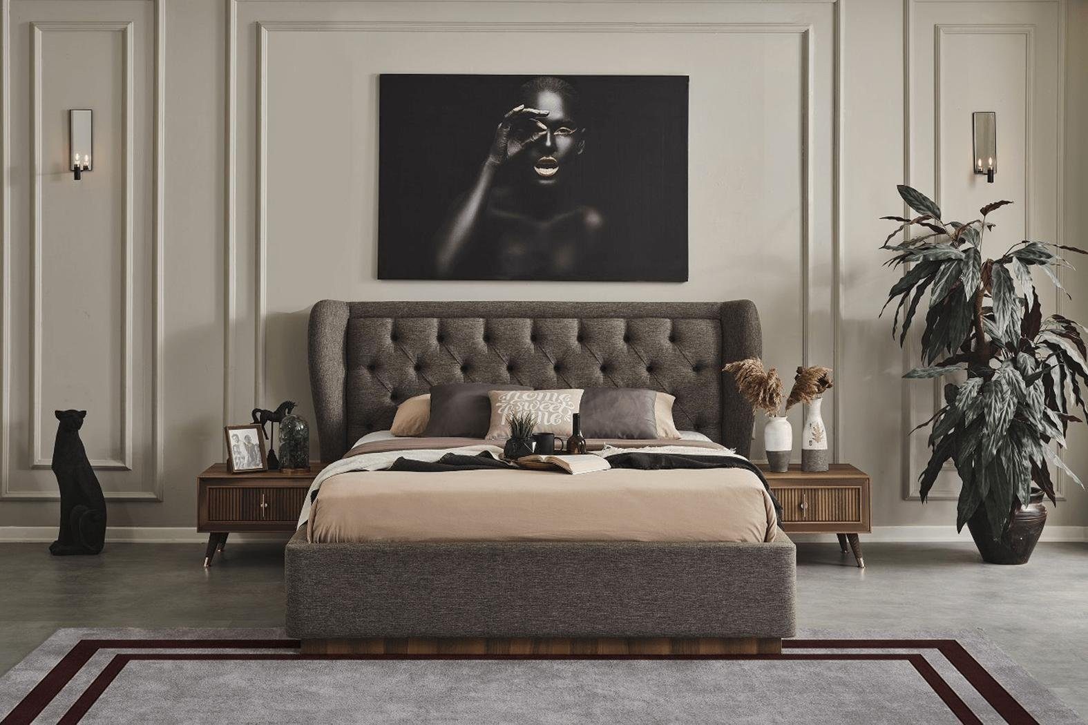 JVmoebel Schlafzimmer-Set Modernes Schlafzimmer Set Designer Bett 2x Nachttische Kommode, (4-St., Bett, 2x Nachttisch, Kommode mit Spiegel), Made in Europa