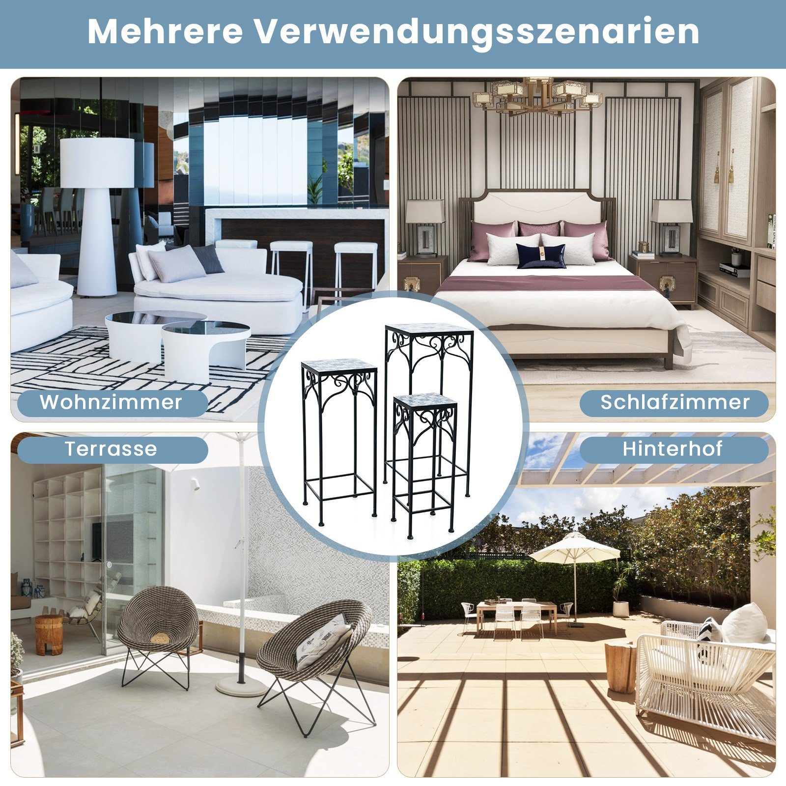 COSTWAY Blumenständer (3 St), Blumenhocker, Quadratisch, aus Metall, Blau
