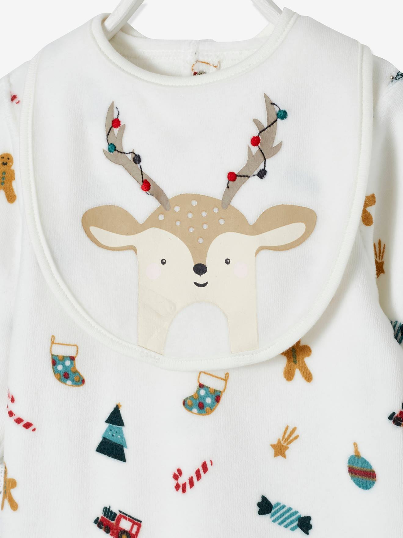 Coffret cadeau de Noël bébé dors-bien en velours + bavoir mixte ivoire imprimé