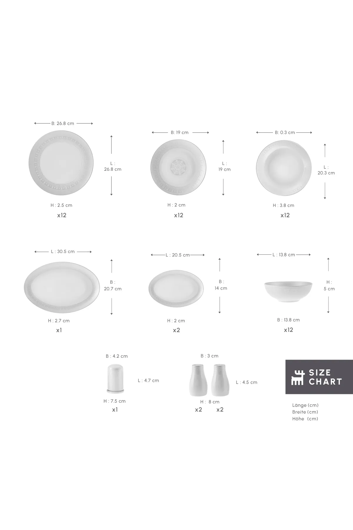 Karaca  Arte 56 Teile Neues Knochengeschirr für 12 Personen, New Bone, Servierplatten, Speiseteller