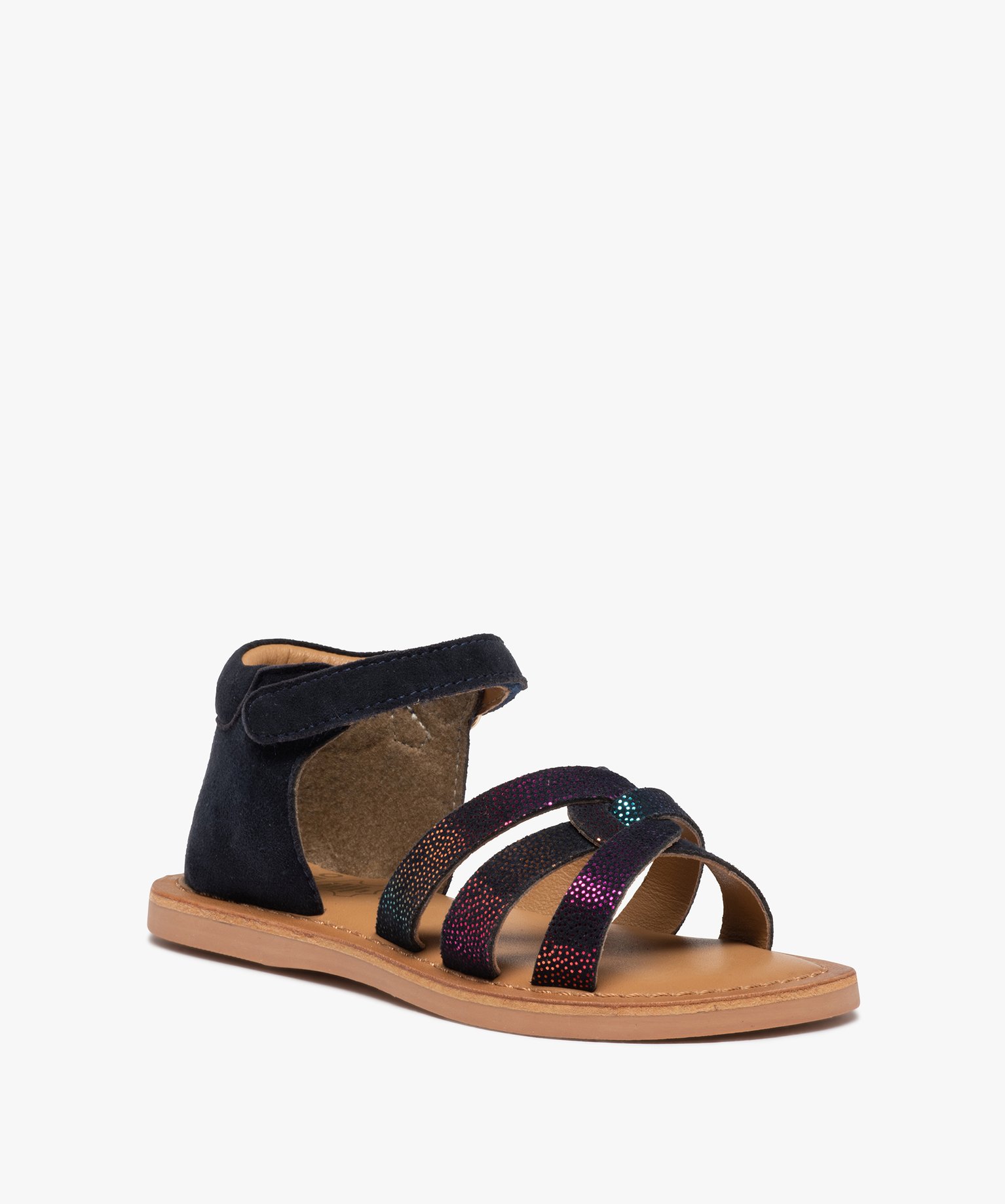 Sandales fille à talon fermé dessus cuir détails brillants bleu | GEMO