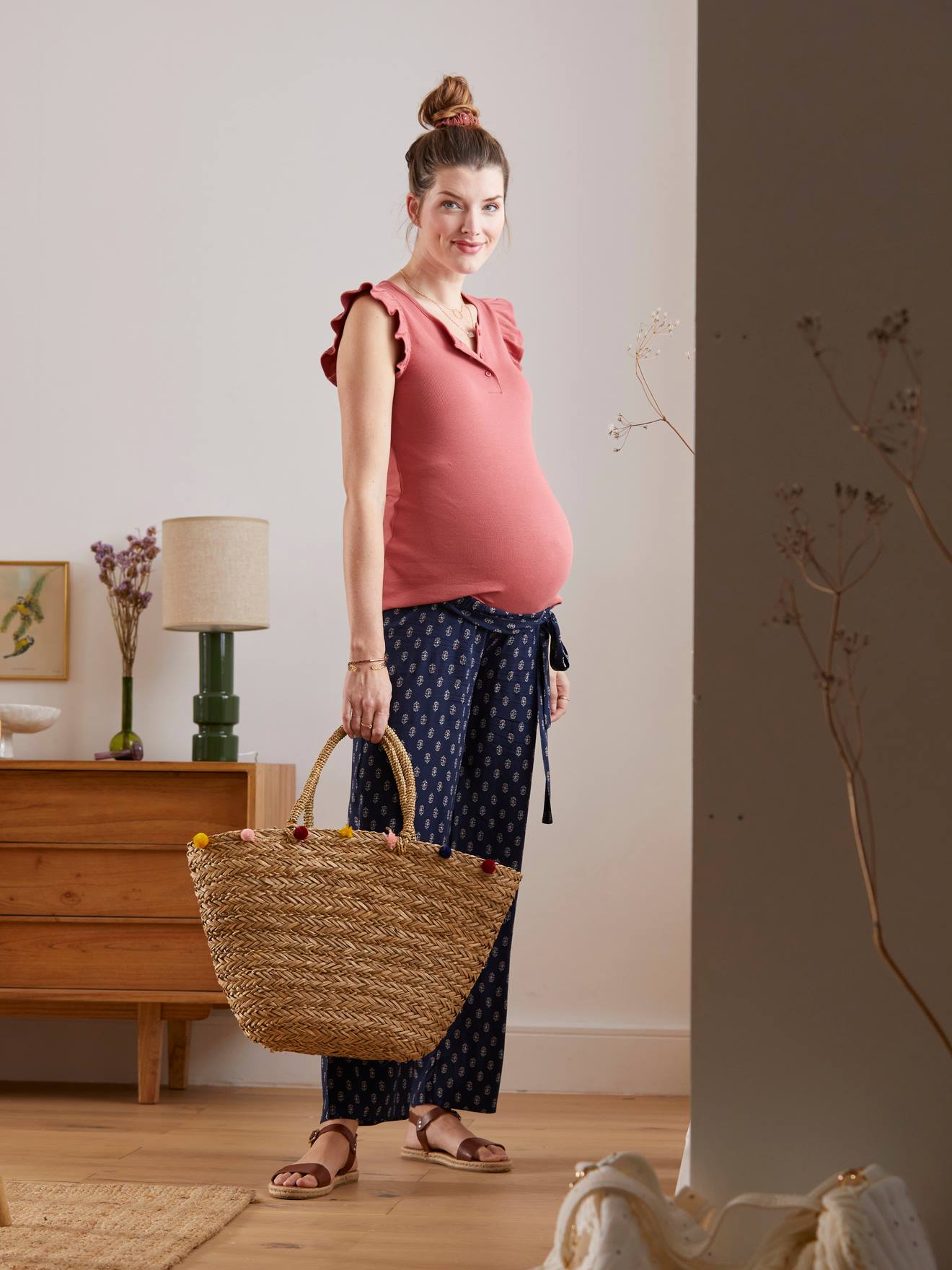Pantalon fluide de grossesse en viscose imprimée bleu imprimé