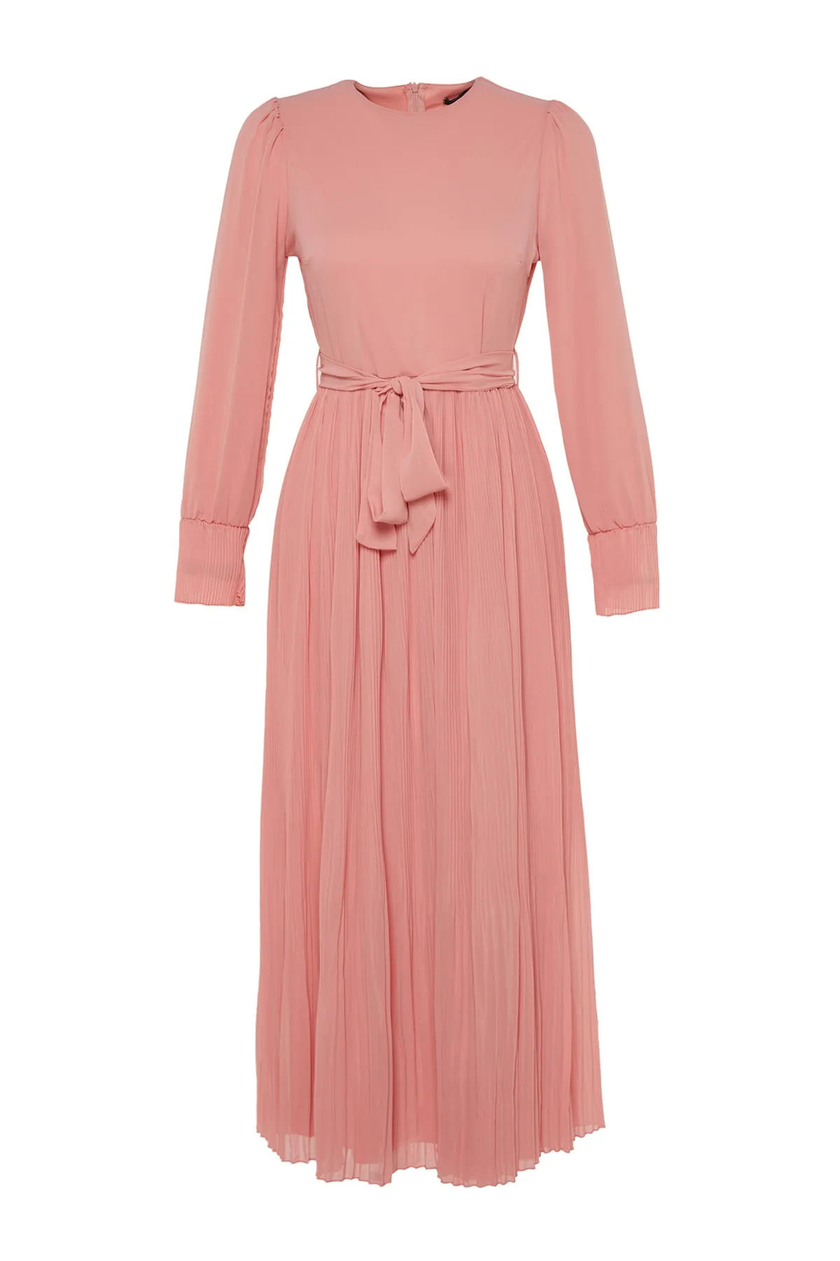 Trendyol Modest  Puderfarbenes, gefüttertes Abendkleid mit Gürtelrock und Plissee TCTSS23DB00032