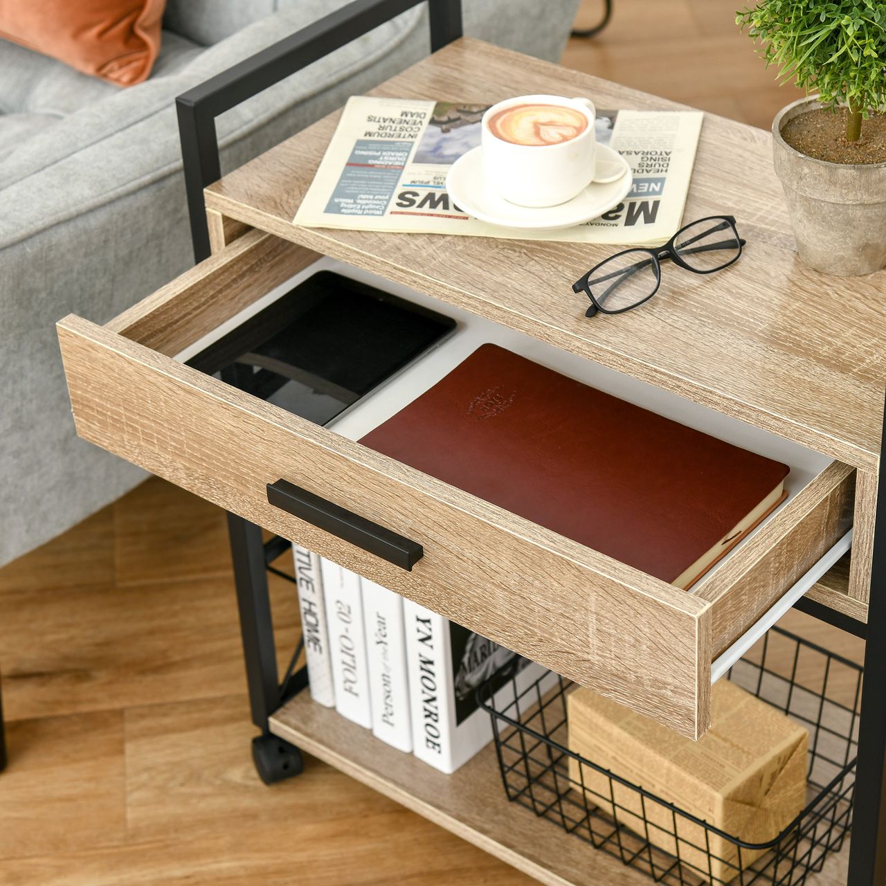 HOMCOM Beistelltisch Servierwagen mit Schublade Ablage Küchenwagen Sideboard