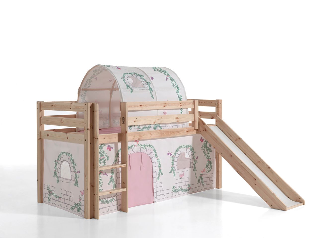 VIPACK Spielbett Pino inkl. Rutsche mit Textilset Vorhang und Tunnel 