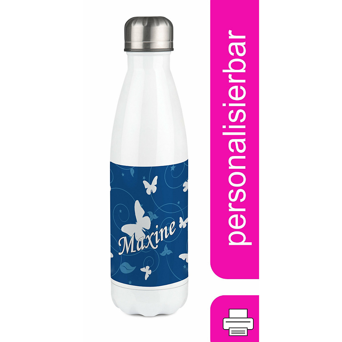 Edelstahl Kinder Thermoflasche / Trinkflasche bunt Schmetterling Ornamente Farbe blau Spülmaschinenfest, Auslaufsicher, Bruchfest, Doppelwandig, Für Heißgetränke geeignet, Mit Deckel, Isoliert