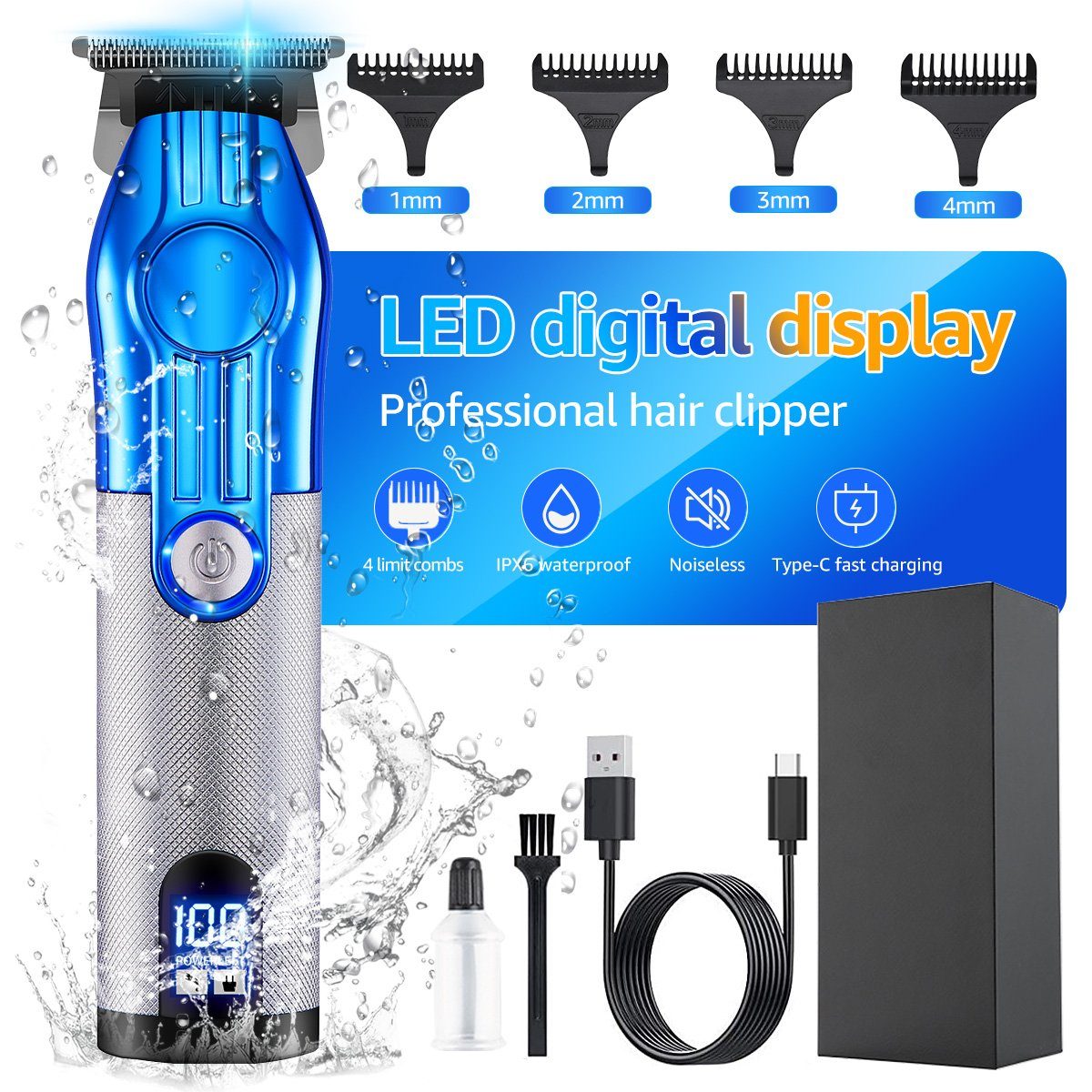 7Magic Bartschneider Professionelle Wasserdichte Haarschneider, 1200-mAh-Akku Barttrimmer herren, LED-Display Herren Trimmer