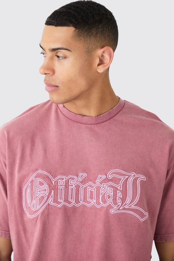 Zerrissenes Oversize T-Shirt mit Acid-Waschung und Official-Stickerei